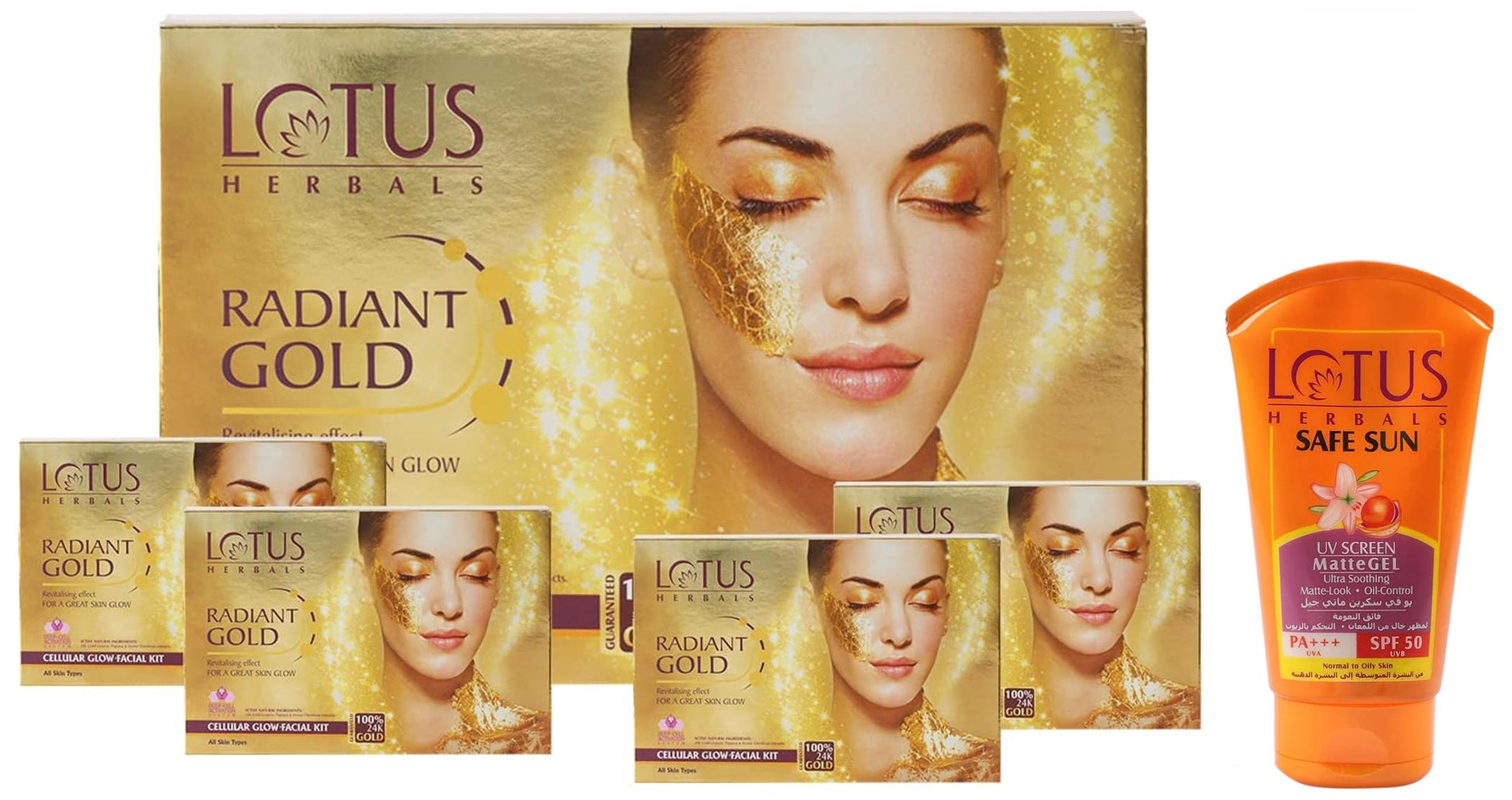 Lotus Herbals Lotus Radiant Gold Facial Kit For Instant Glow With 24K Pure Gold & Papaya ,4 Easy Steps 148G (4 Use)