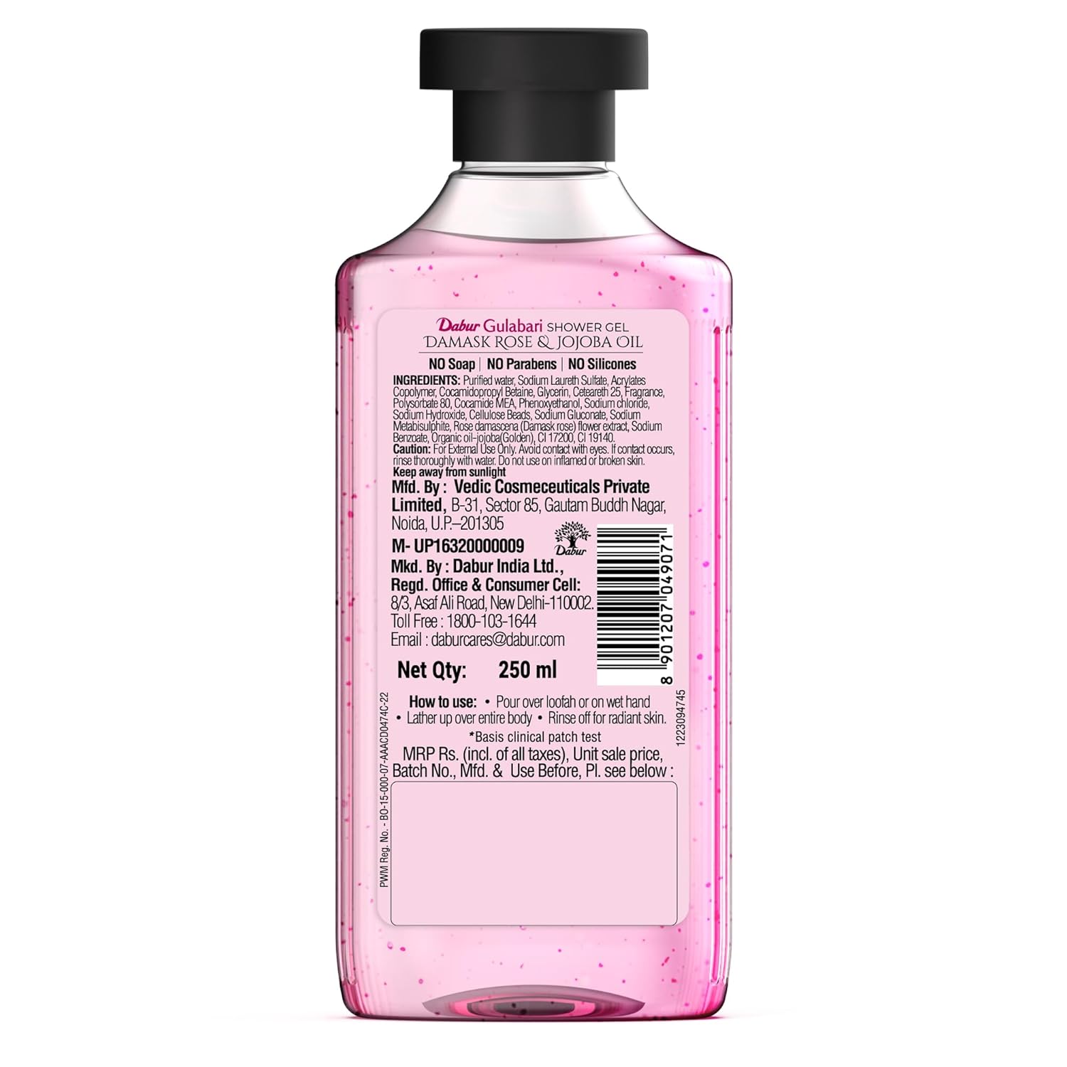 Dabur Gulabari Shower Gel-Damask Rose & Jojoba Oil - 250ml | Roses Extract Beads for Exfoliation | No Parabens & Silicones | 99% Pure Glycerine | 100% soap free body wash