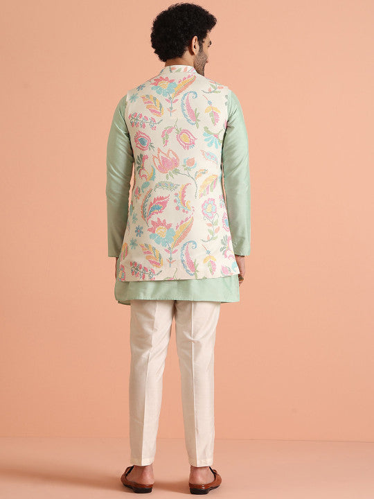 KISAH Mandarin Collar Straight Kurta And Trousers With Jacket