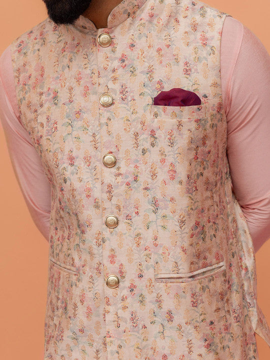 Mandarin Collar Straight Kurta With Churidar & Woven Design Nehru jacket