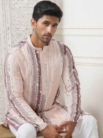 Pink Geometric Embroidered Mirror Work Mandarin Collar Regular Kurta with Pyjamas