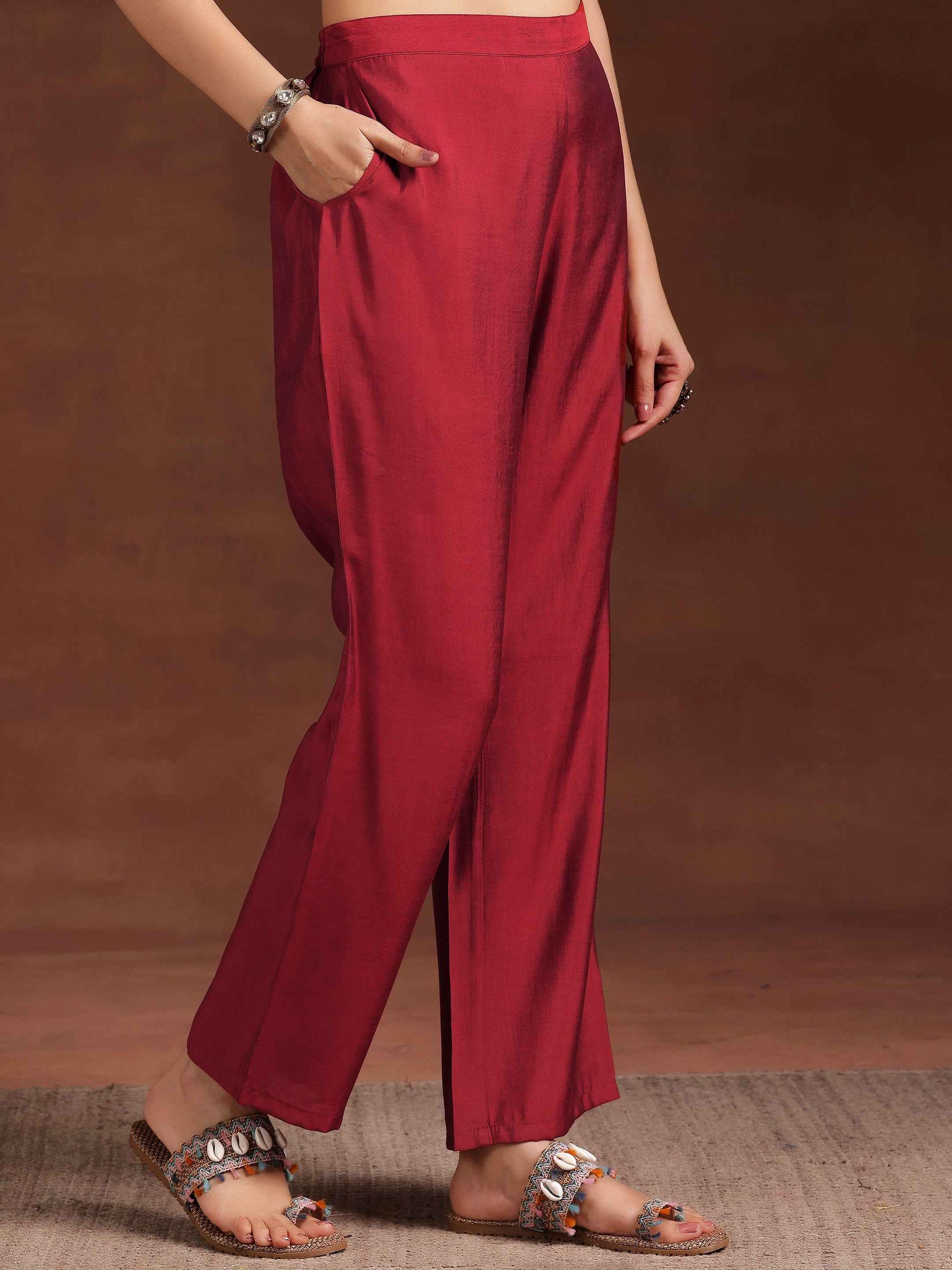 Maroon Printed Silk Blend Straight Suit With Dupatta