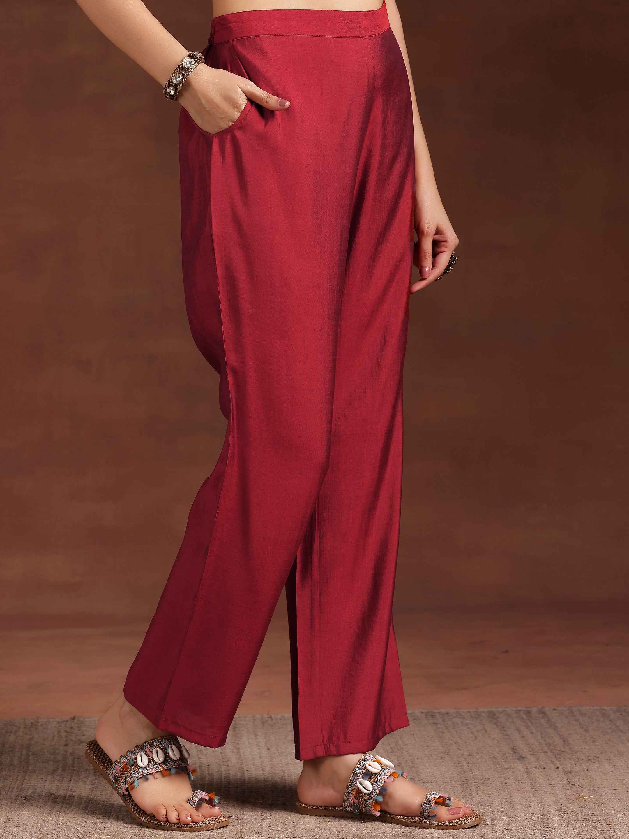 Maroon Printed Silk Blend Straight Suit With Dupatta