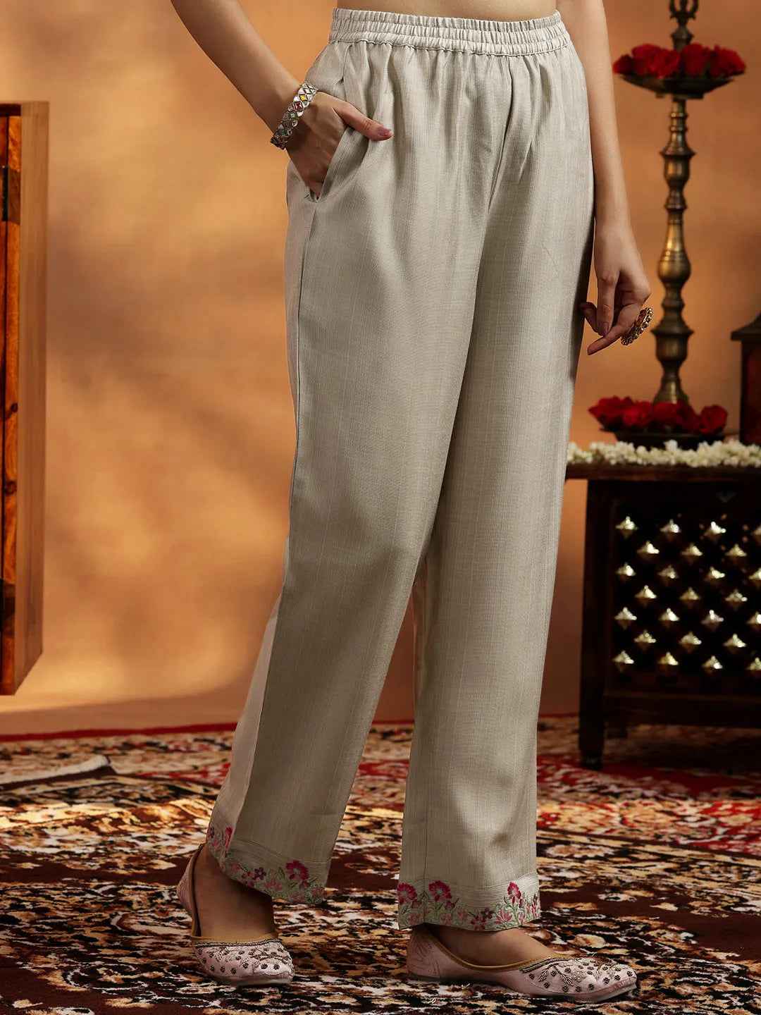 Beige Yoke Design Silk Blend Straight Suit With Dupatta