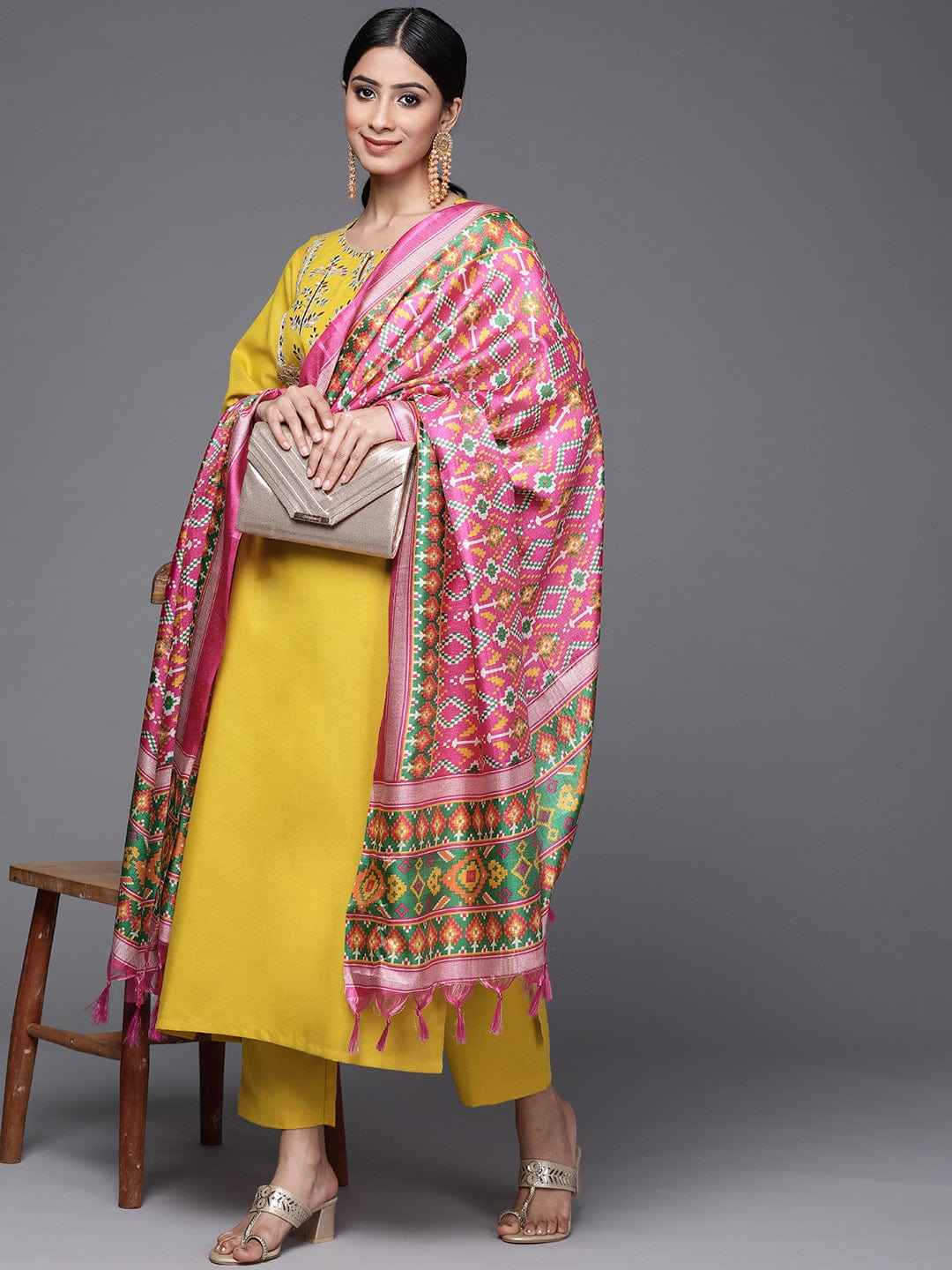 Women Yellow Yoke Design Kurta With Trousers And Dupatta Set