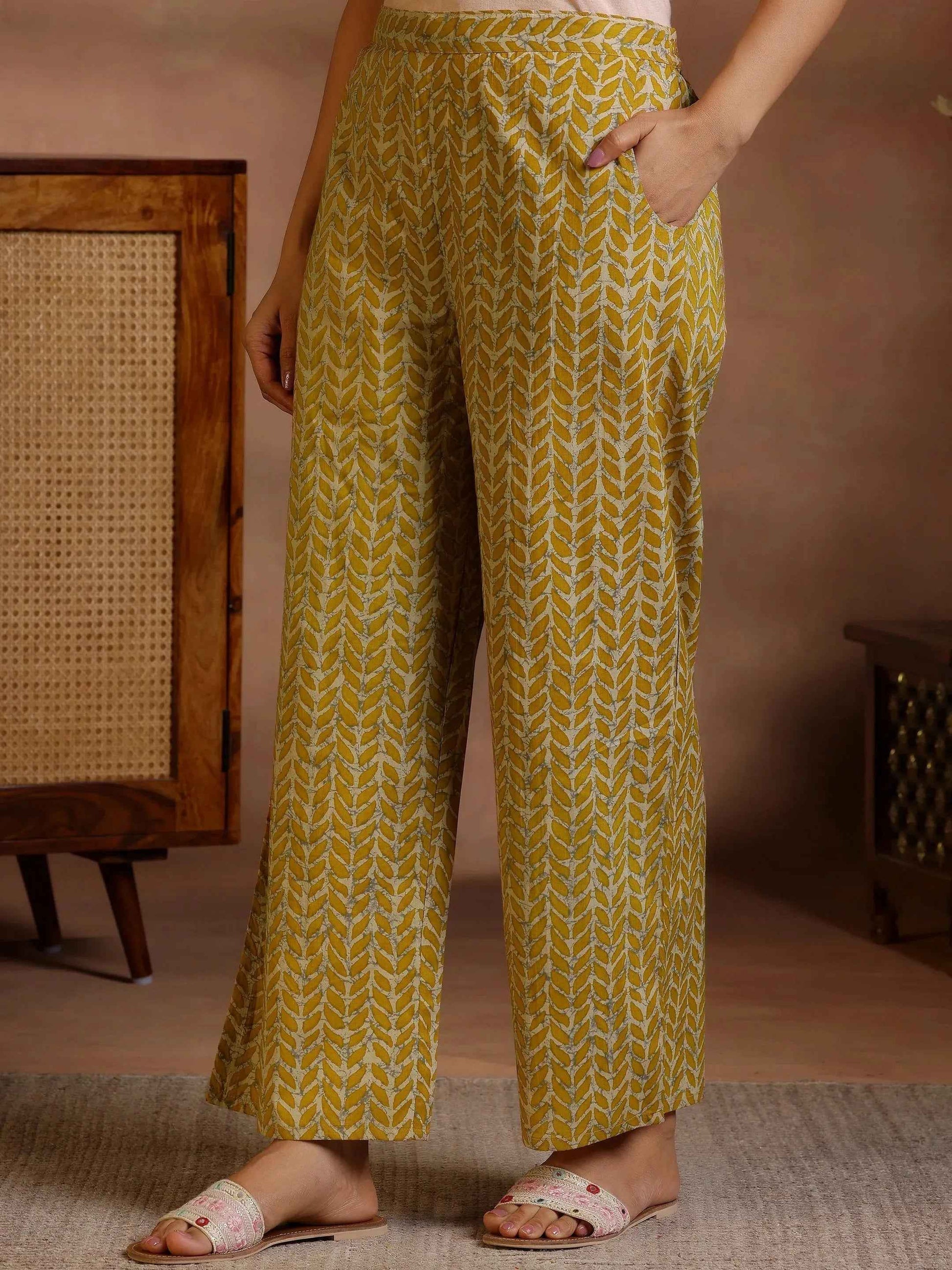 Mustard Printed Cotton Straight Kurta Set