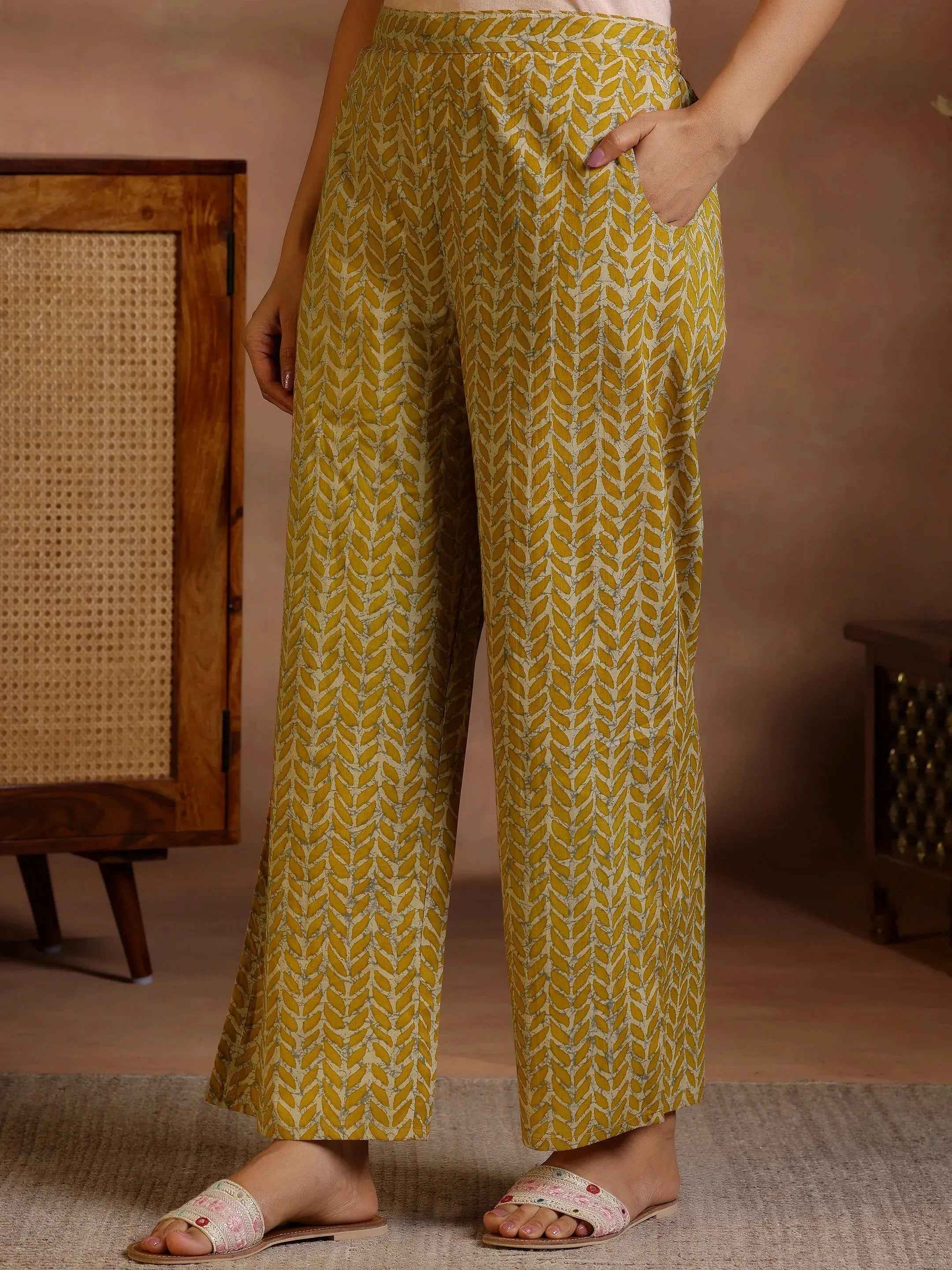 Mustard Printed Cotton Straight Kurta Set