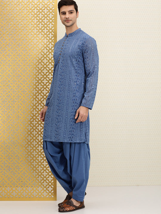 House of Pataudi Men Blue Paisley Regular Jashn Kurta with Patiala