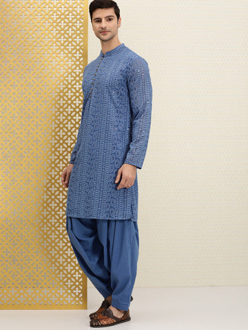 House of Pataudi Men Blue Paisley Regular Jashn Kurta with Patiala
