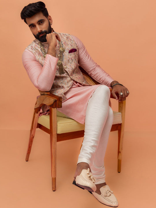 Mandarin Collar Straight Kurta With Churidar & Woven Design Nehru jacket