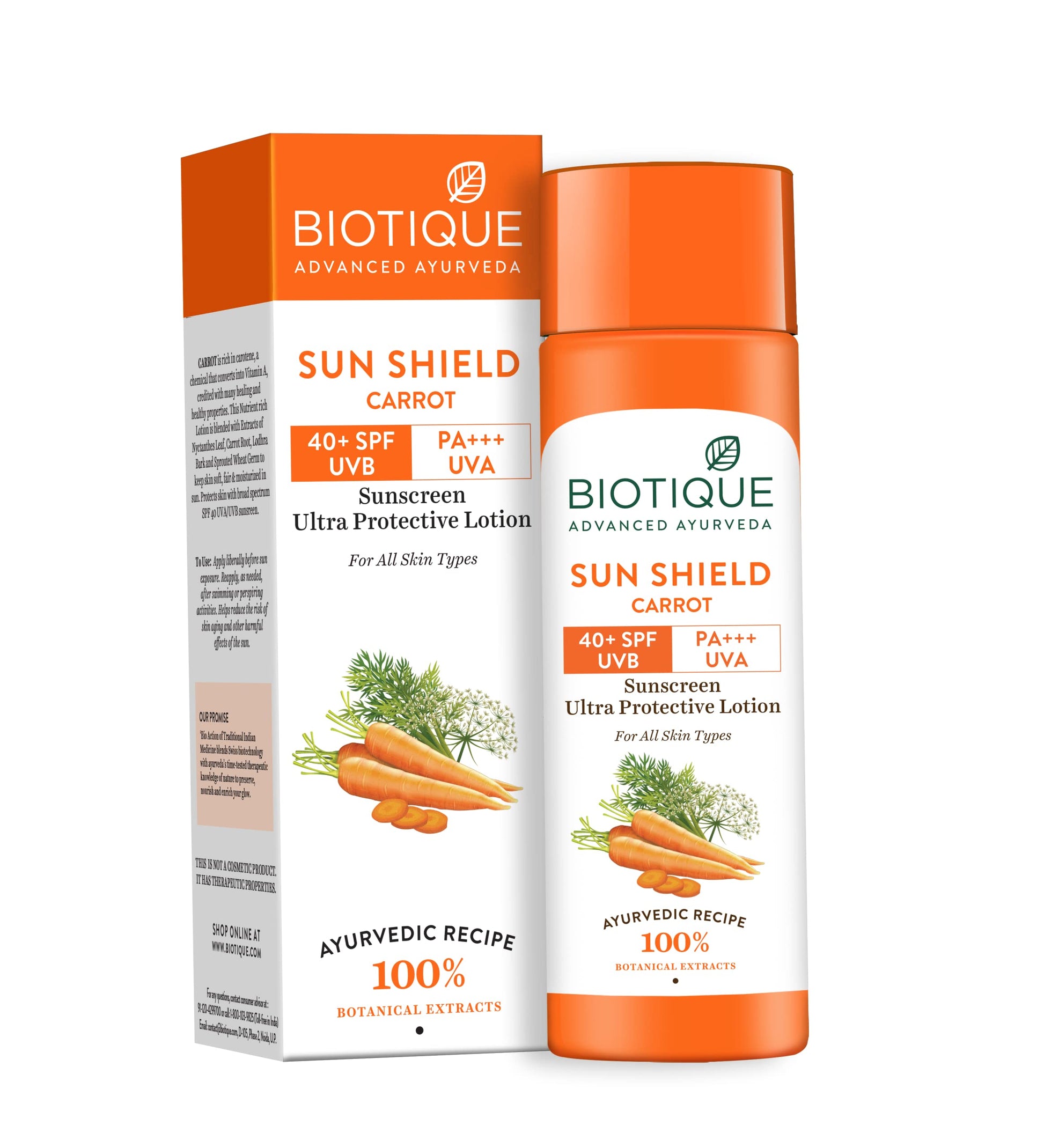Biotique Bio Carrot Face & Body Sun Lotion | SPF 40 UVA/UVB Sunscreen | Prevents Ageing and Soothes Dry Skin| 100% Botanical Extracts | Suitable for All Skin Types | 190ml