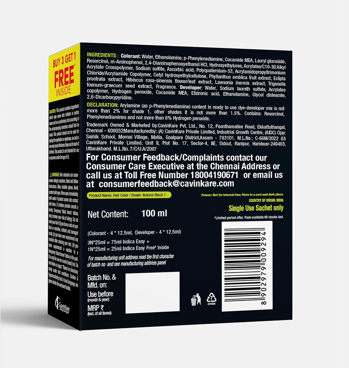 Indica 10-Minute Hair Color Shampoo | Free | Ammonia-Free with 5 Herbal Extracts | Long-Lasting Natural Black | Easy DIY Pack (12.5g+12.5ml) with Gloves