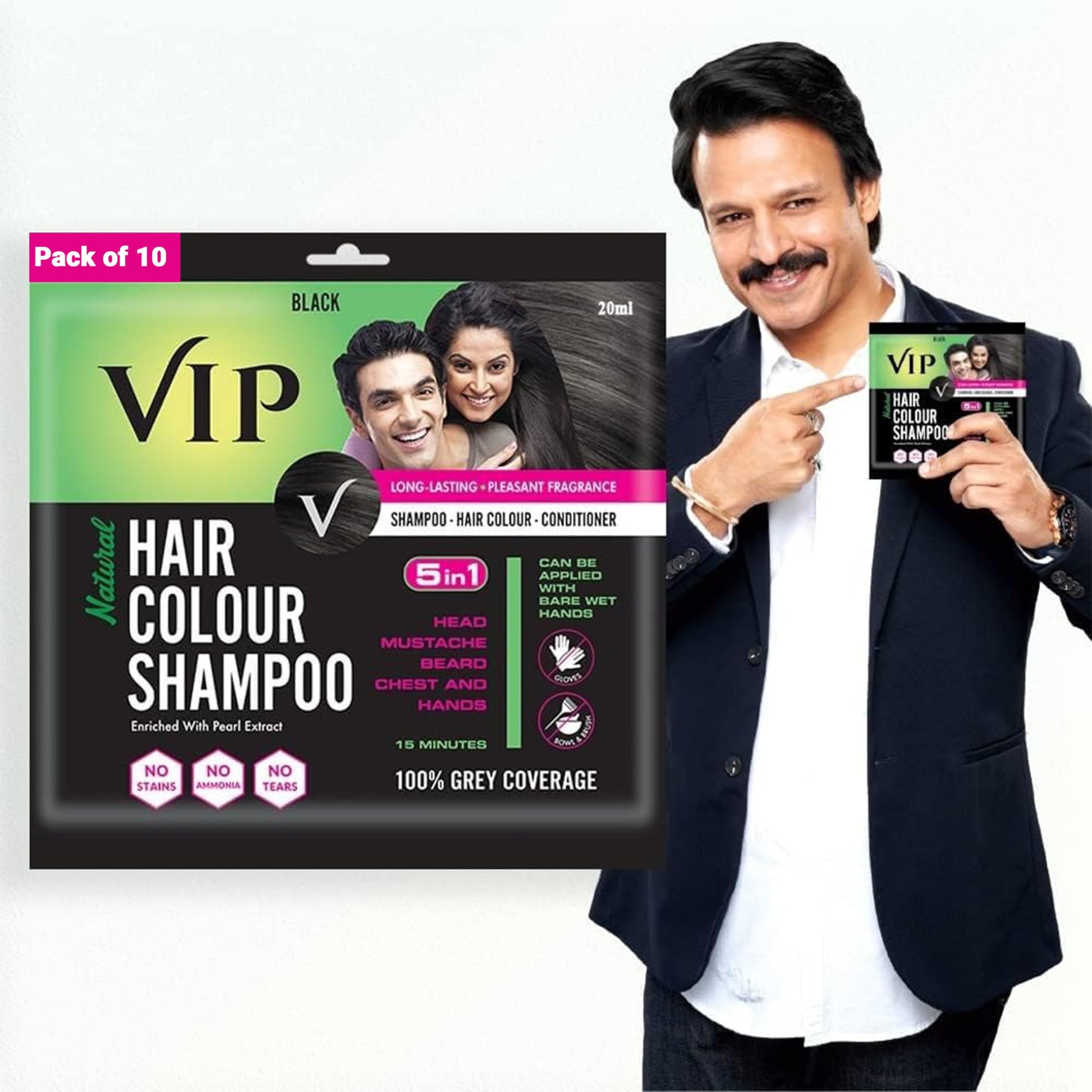 VIP Hair Color Shampoo for Men and Women 200ML (Dark Brown) (20ML Pack of 10)