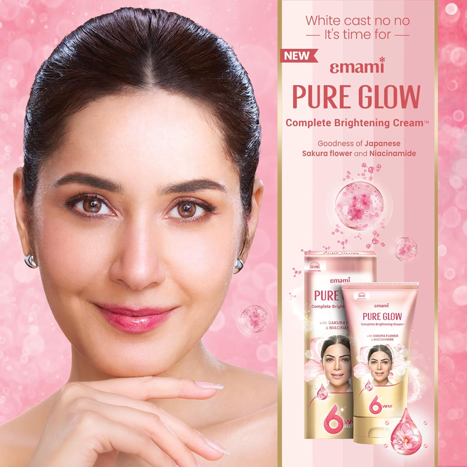 Emami Pure Glow Complete Brightening Cream 50g | with Japanese Sakura Flower & Niacinamide for 2X Brightness & +50% Moisturisation | Mineral-Oil Free, Paraben-Free