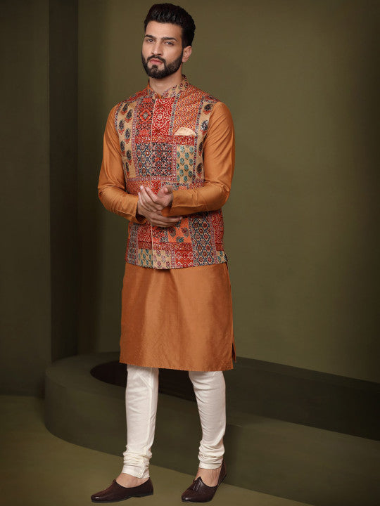 KISAH Mandarin Collar Straight Kurta & Churidar With Nehru Jacket
