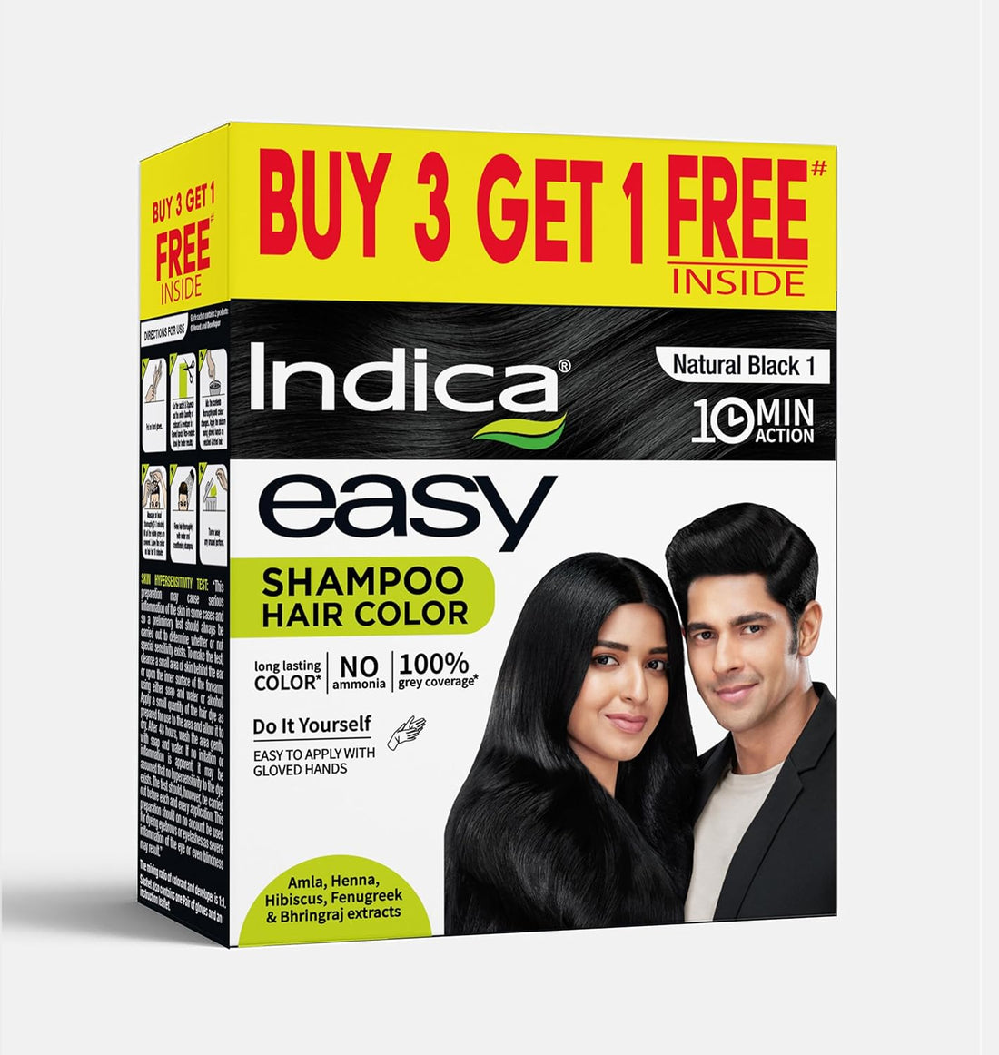 Indica 10-Minute Hair Color Shampoo | Free | Ammonia-Free with 5 Herbal Extracts | Long-Lasting Natural Black | Easy DIY Pack (12.5g+12.5ml) with Gloves