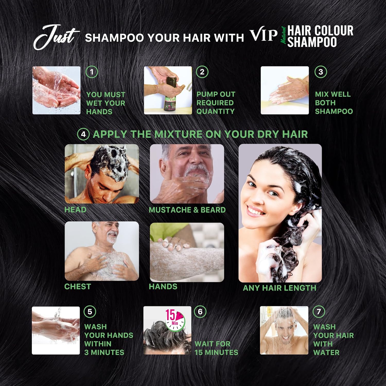 VIP HAIR COLOUR SHAMPOO 180ml Black for Men & Women | Alternate to Hair Dye | Salon Like Hair Color | Instant Beard Color - 100% Grey Hair Coverage