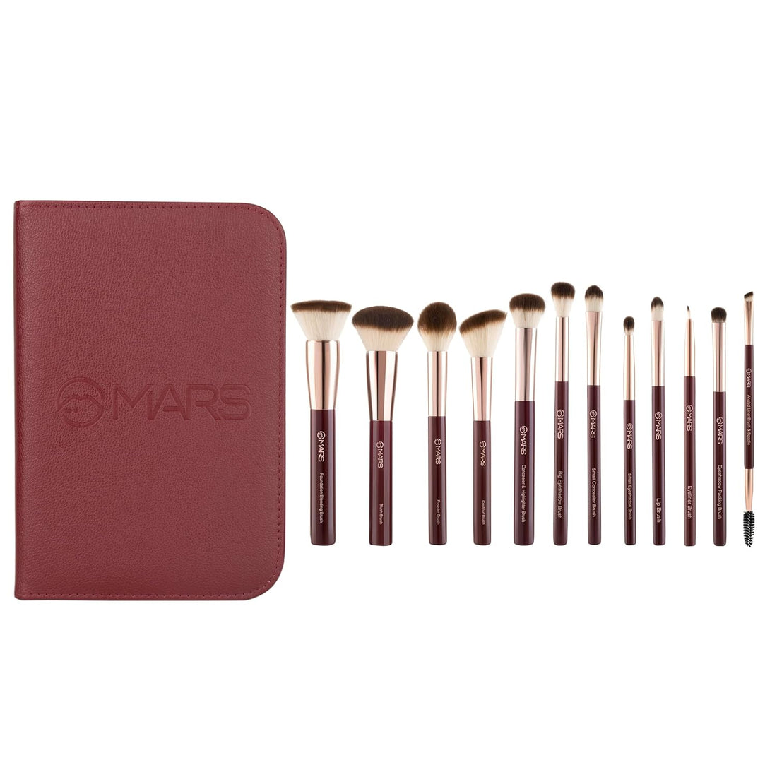 MARS Professional Makeup Brush Set of 12 | Long-Lasting | Soft & Synthetic Bristles | Easy-to-Hold & Precise Application for Face, Eyes & Brows (Maroon)