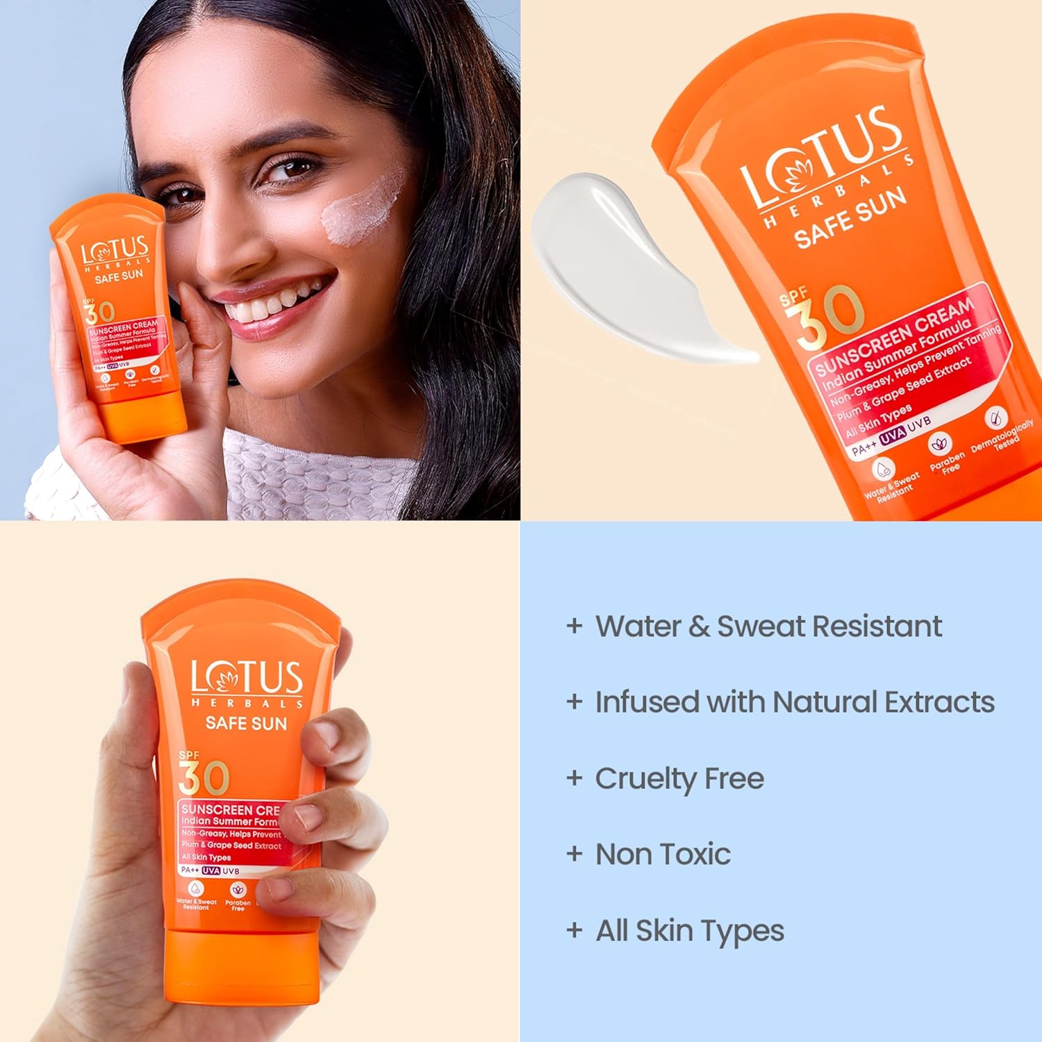 Lotus Herbals Safe Sun Sunscreen Cream , Black Plum Extract| Suitable For Indian Summer Formula | SPF 30 and PA++ | Non-Greasy | For Oily, Combination, Acne Prone & Normal Skin| Lightweight, Sweat & Water Resistant | For Women & Men | 50g.