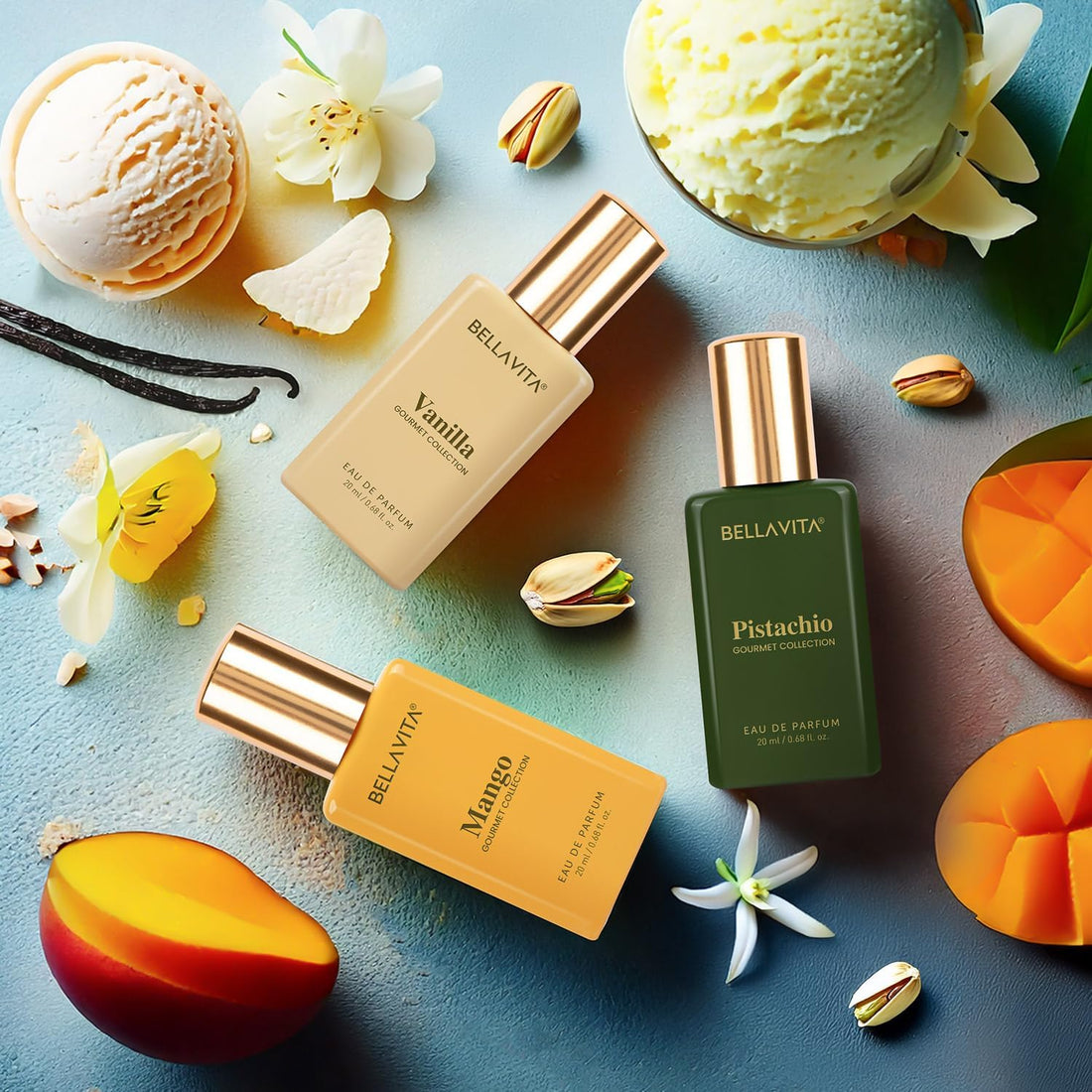 BELLAVITA Gourmet Collection Gift Set 3x20ml | Long Lasting Perfume for Man and Woman | Vanilla, Mango and White Musk | Fruity Fragrance for Men & Women