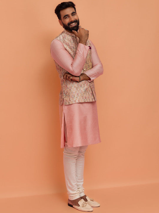 Mandarin Collar Straight Kurta With Churidar & Woven Design Nehru jacket