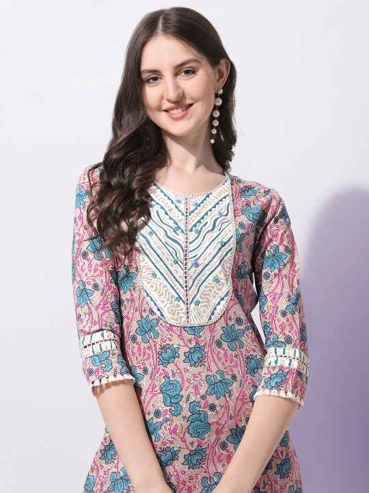Women Plus Size Cream-Coloured Ethnic Motifs Printed Pure Cotton Kurta Set