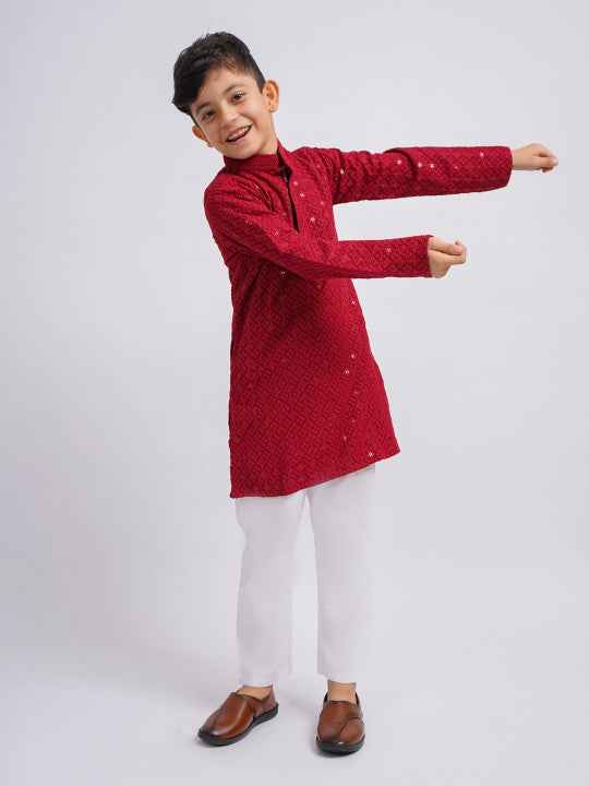 Boys Ethnic Motifs Embroidered Regular Sequinned Kurta With Pyjamas