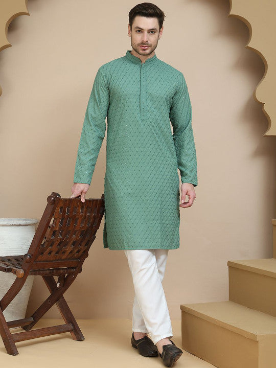 Anouk Floral Embroidered Mandarin Collar Sequinned Straight Kurta With Pyjamas