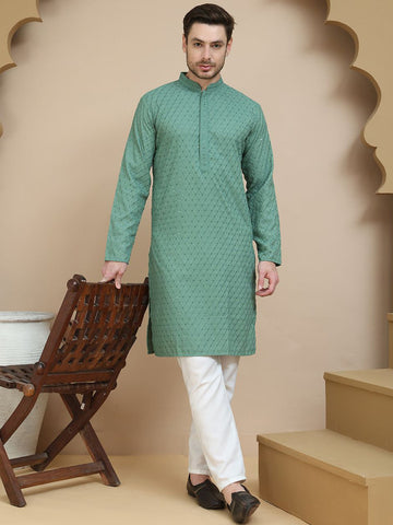 Anouk Floral Embroidered Mandarin Collar Sequinned Straight Kurta With Pyjamas