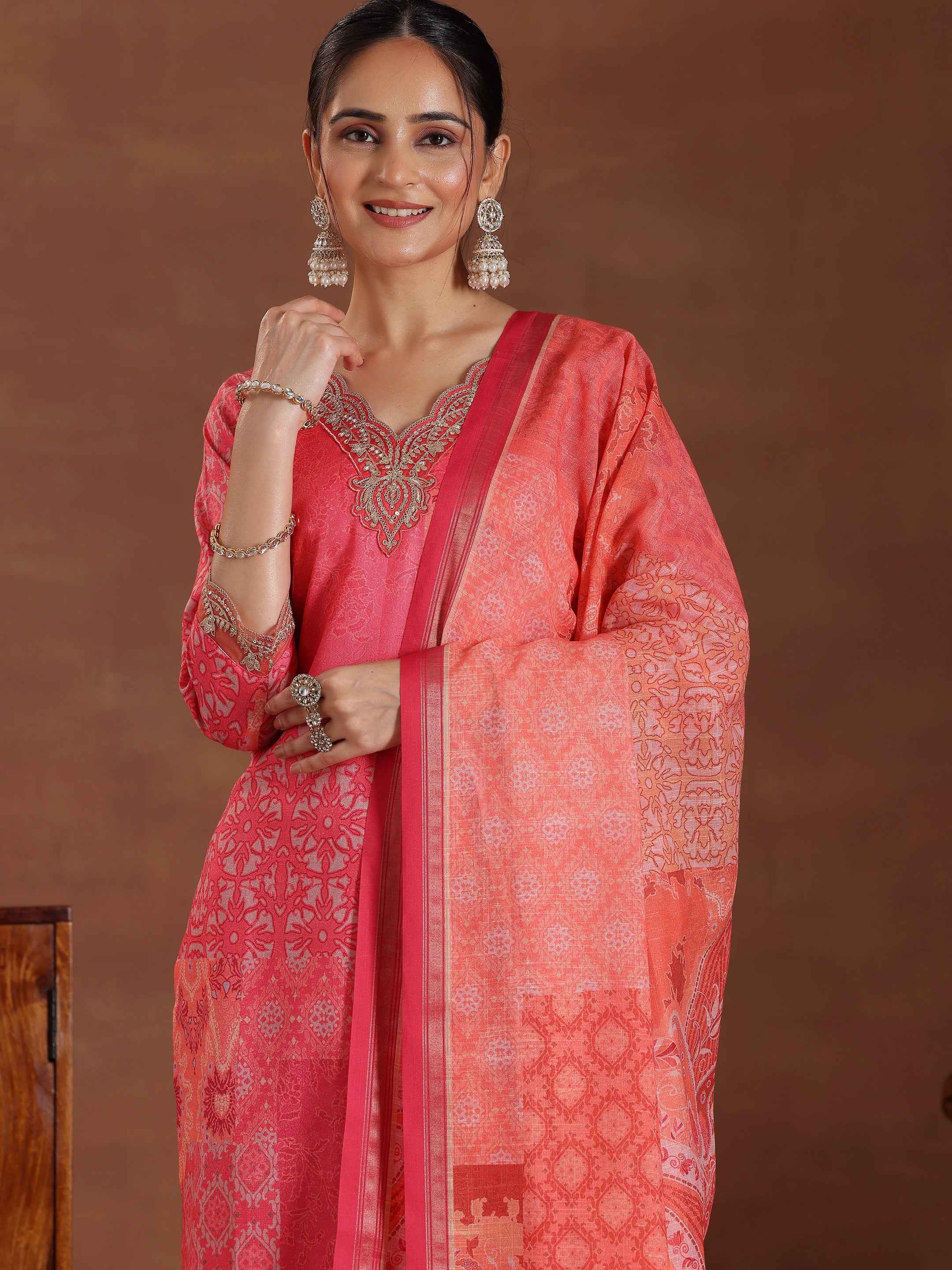 Pink Printed Cotton Blend Straight Suit With Dupatta