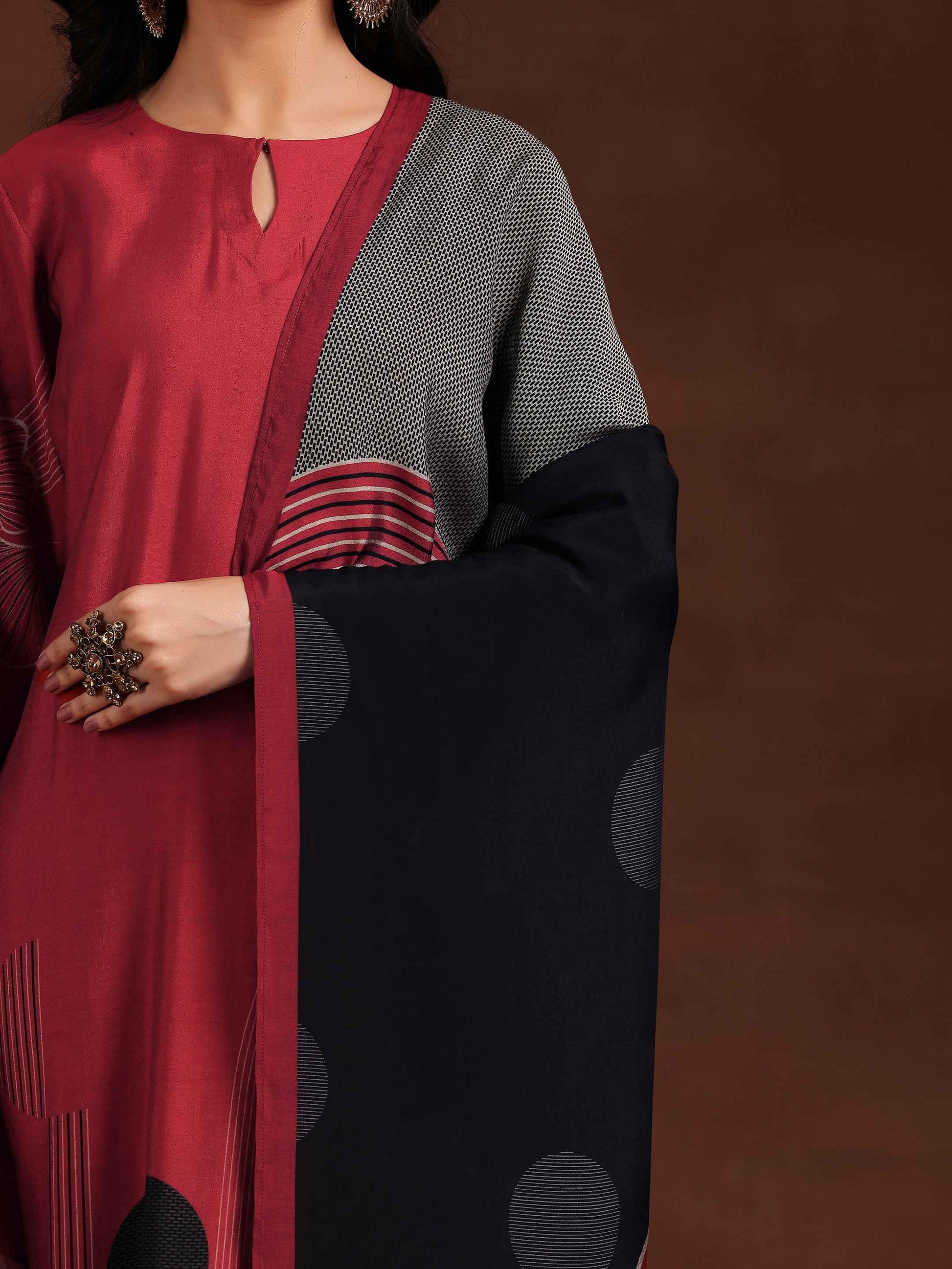Maroon Printed Silk Blend Straight Suit With Dupatta