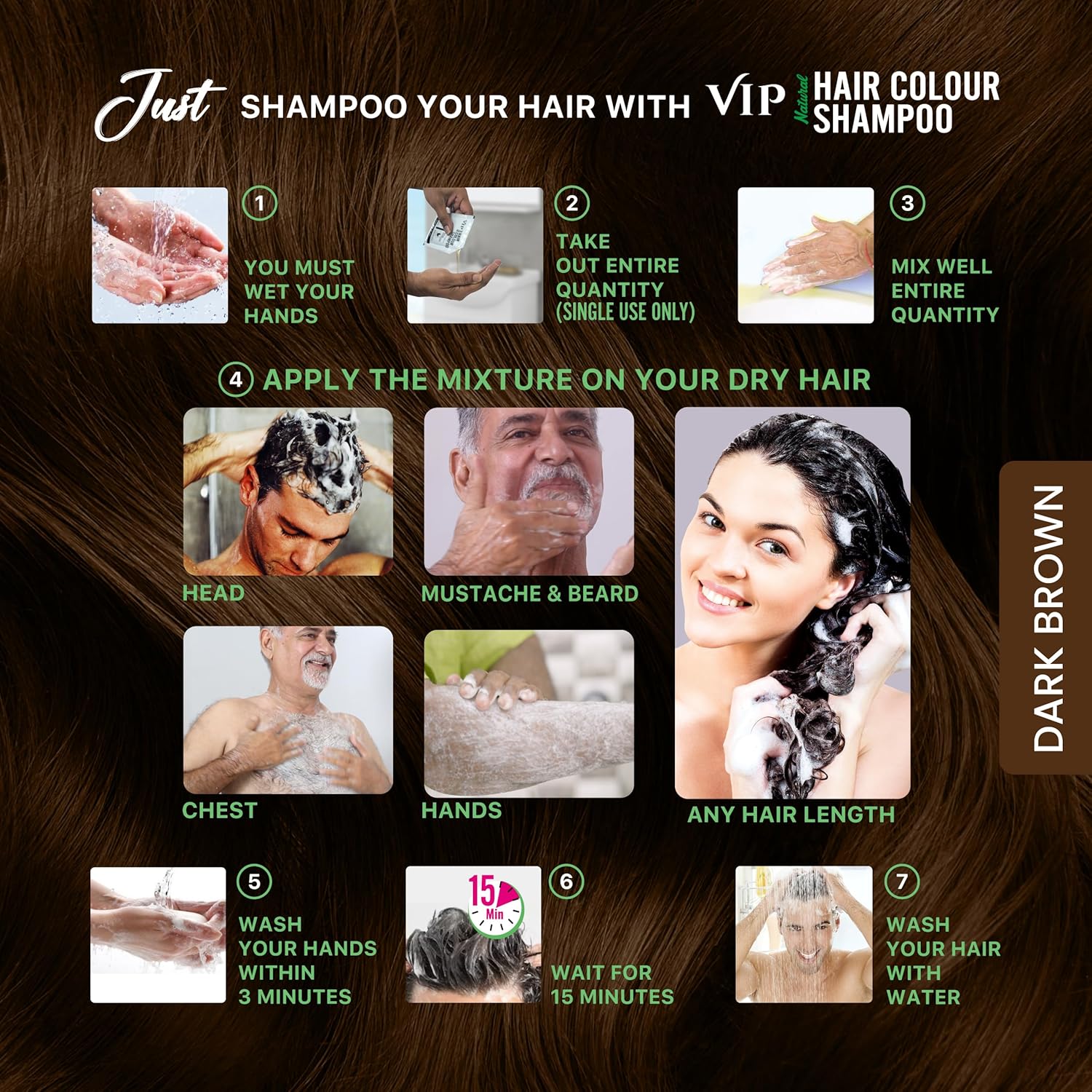VIP Hair Color Shampoo for Men and Women 200ML (Dark Brown) (20ML Pack of 10)