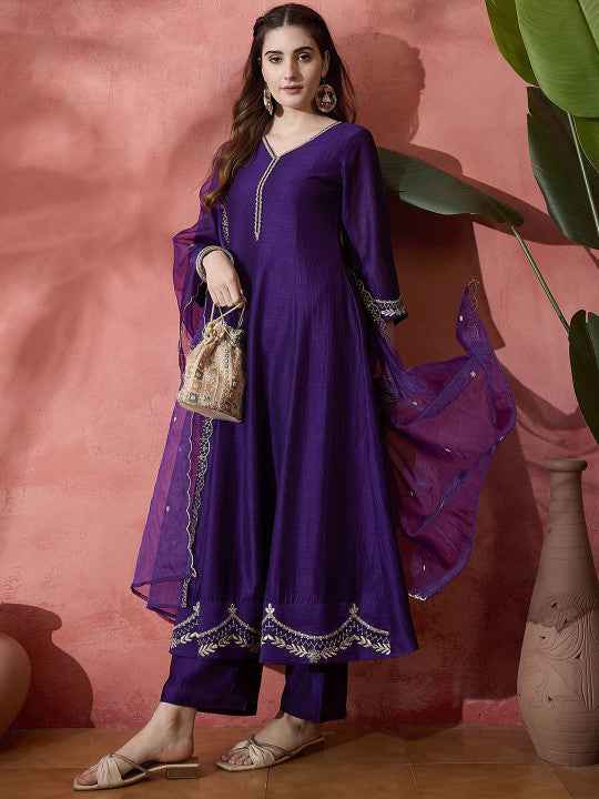 Women Floral Embroidered V-Neck A-Line Kurta With Trousers & Dupatta