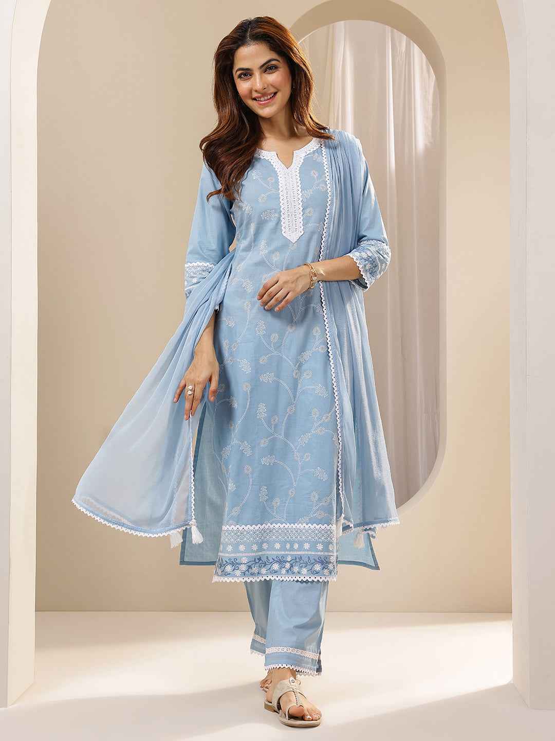 Blue Embroidered Cotton Straight Suit Sets With Dupatta