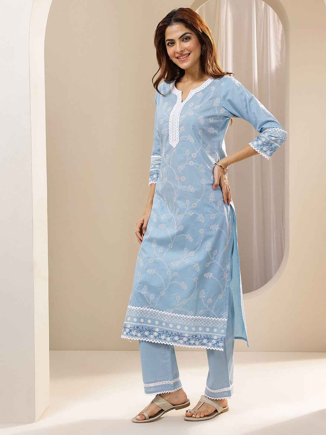 Blue Embroidered Cotton Straight Suit Sets With Dupatta
