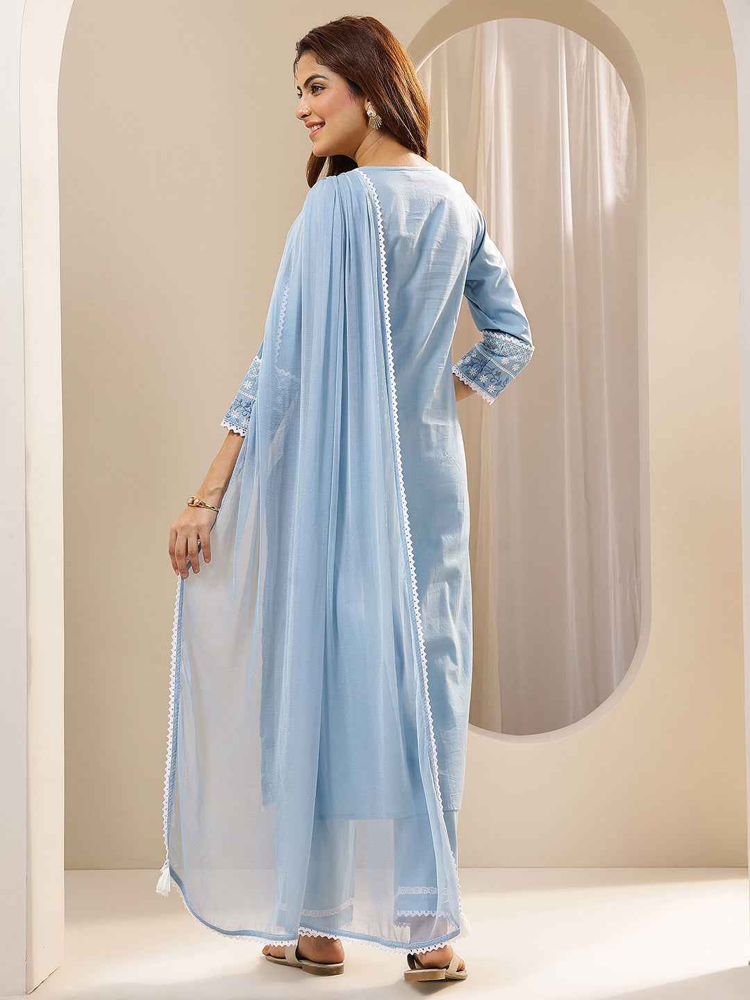Blue Embroidered Cotton Straight Suit Sets With Dupatta