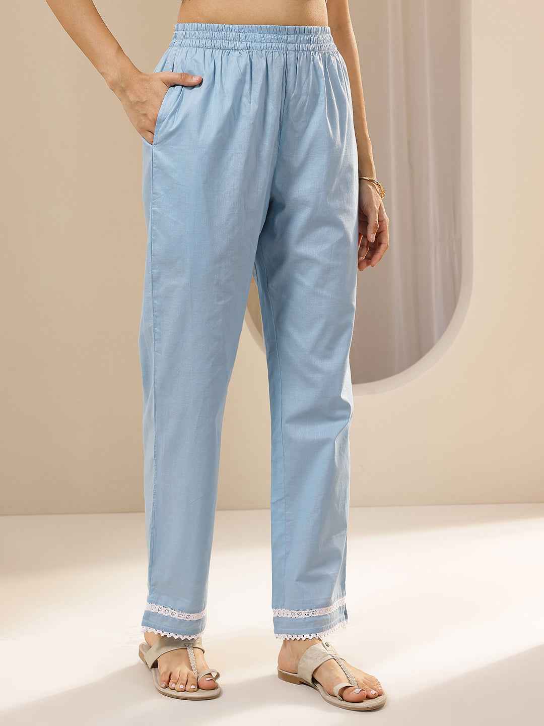 Blue Embroidered Cotton Straight Suit Sets With Dupatta