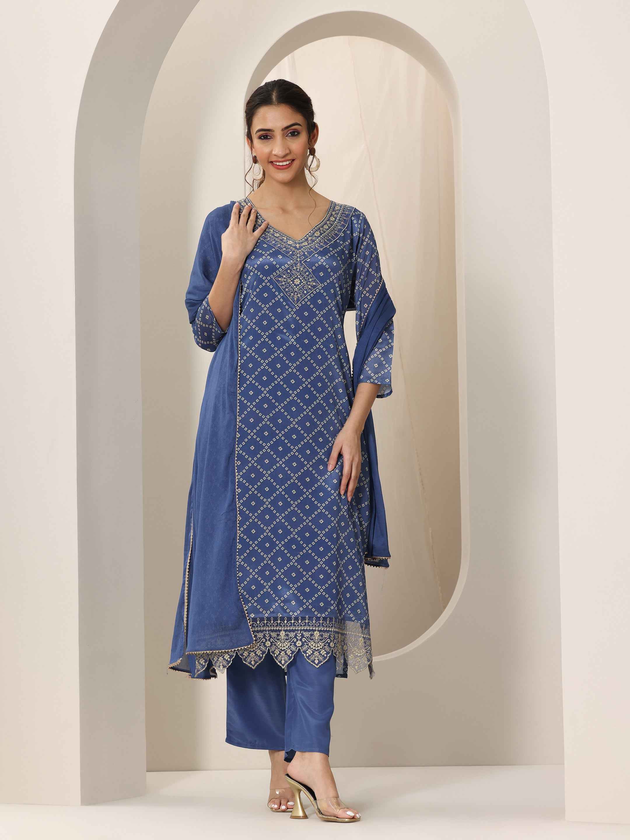 Blue Printed Silk Blend Straight Suit Set With Dupatta