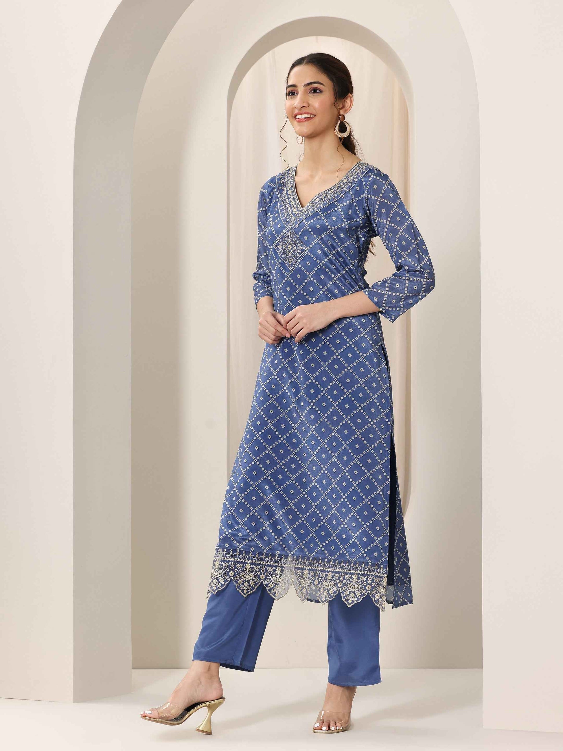 Blue Printed Silk Blend Straight Suit Set With Dupatta