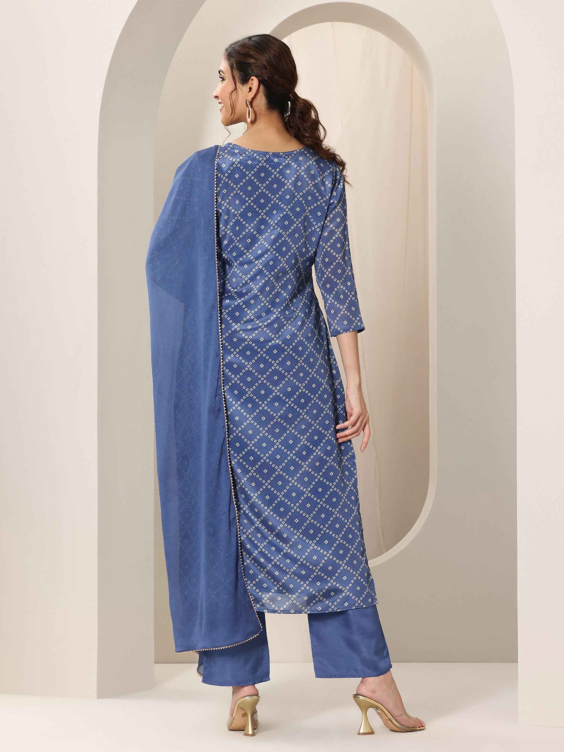 Blue Printed Silk Blend Straight Suit Set With Dupatta