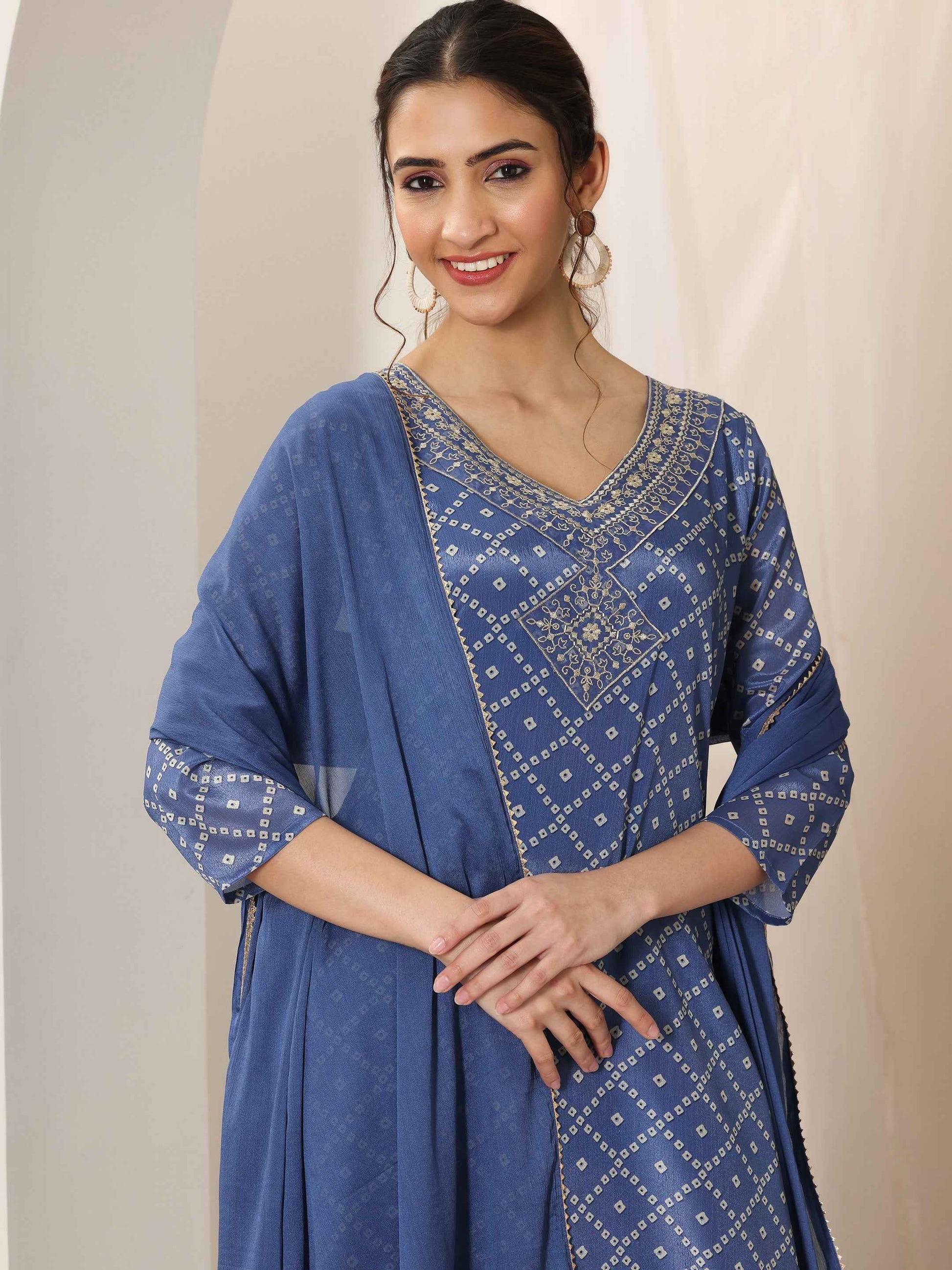 Blue Printed Silk Blend Straight Suit Set With Dupatta