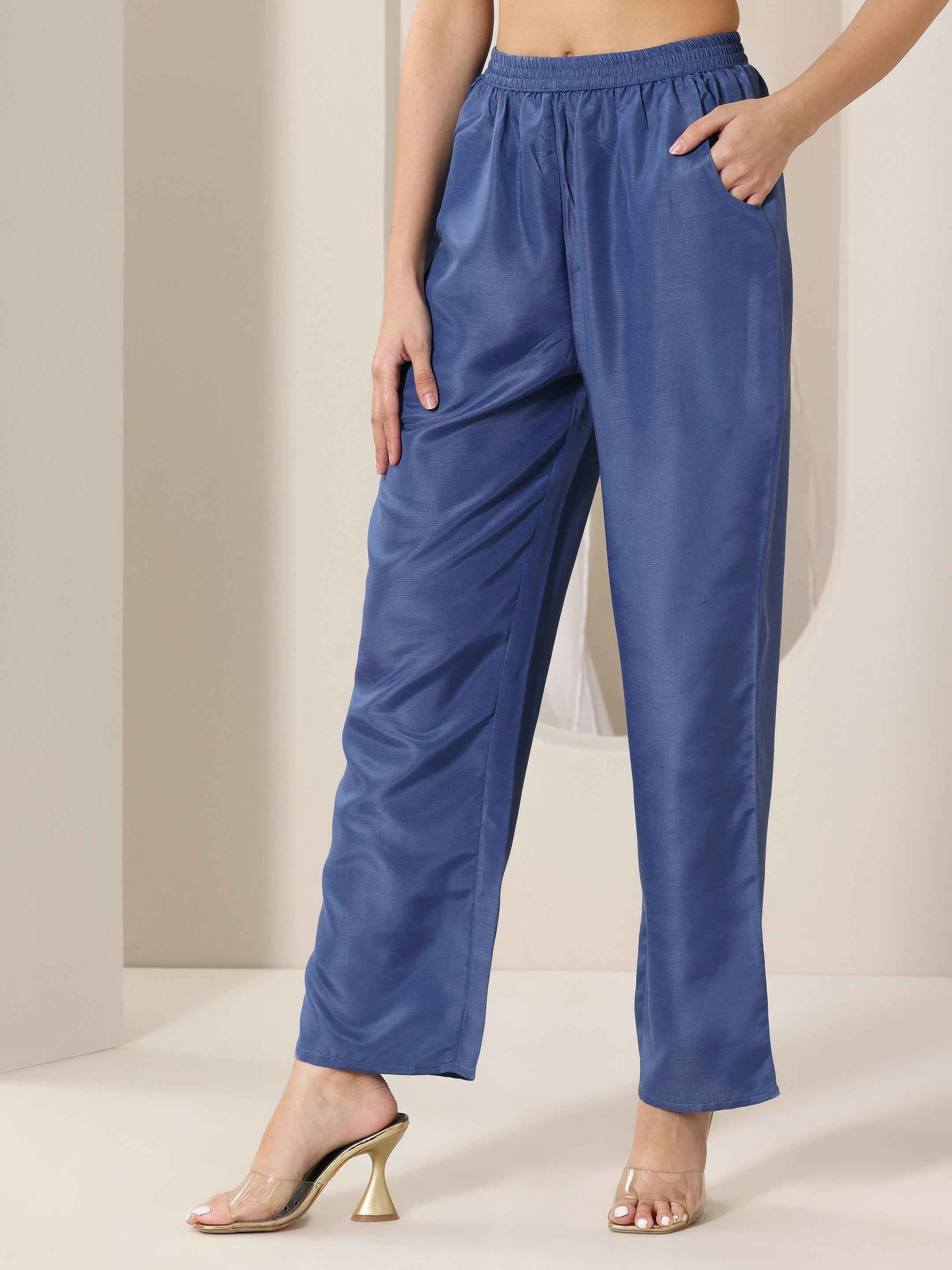 Blue Printed Silk Blend Straight Suit Set With Dupatta