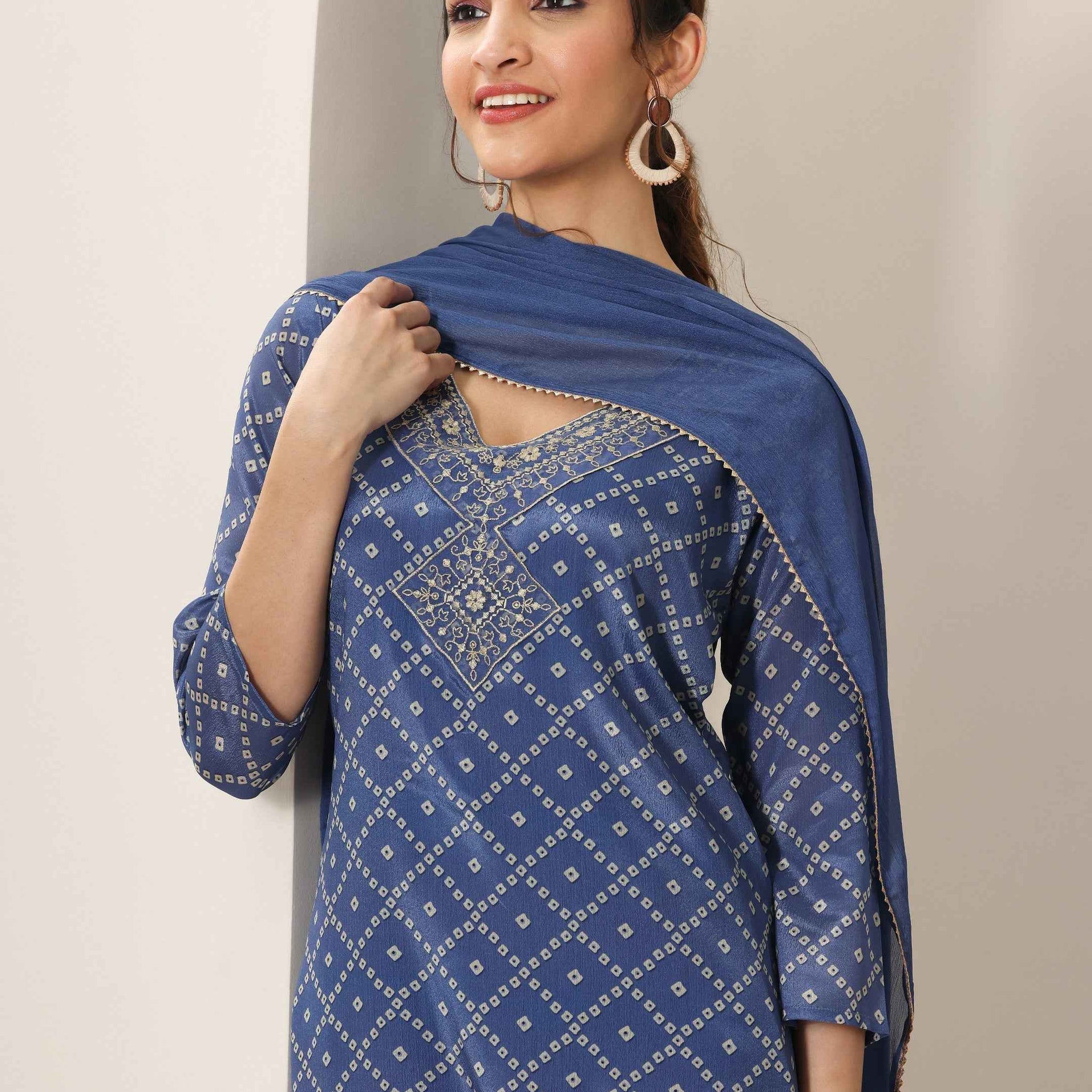 Blue Printed Silk Blend Straight Suit Set With Dupatta
