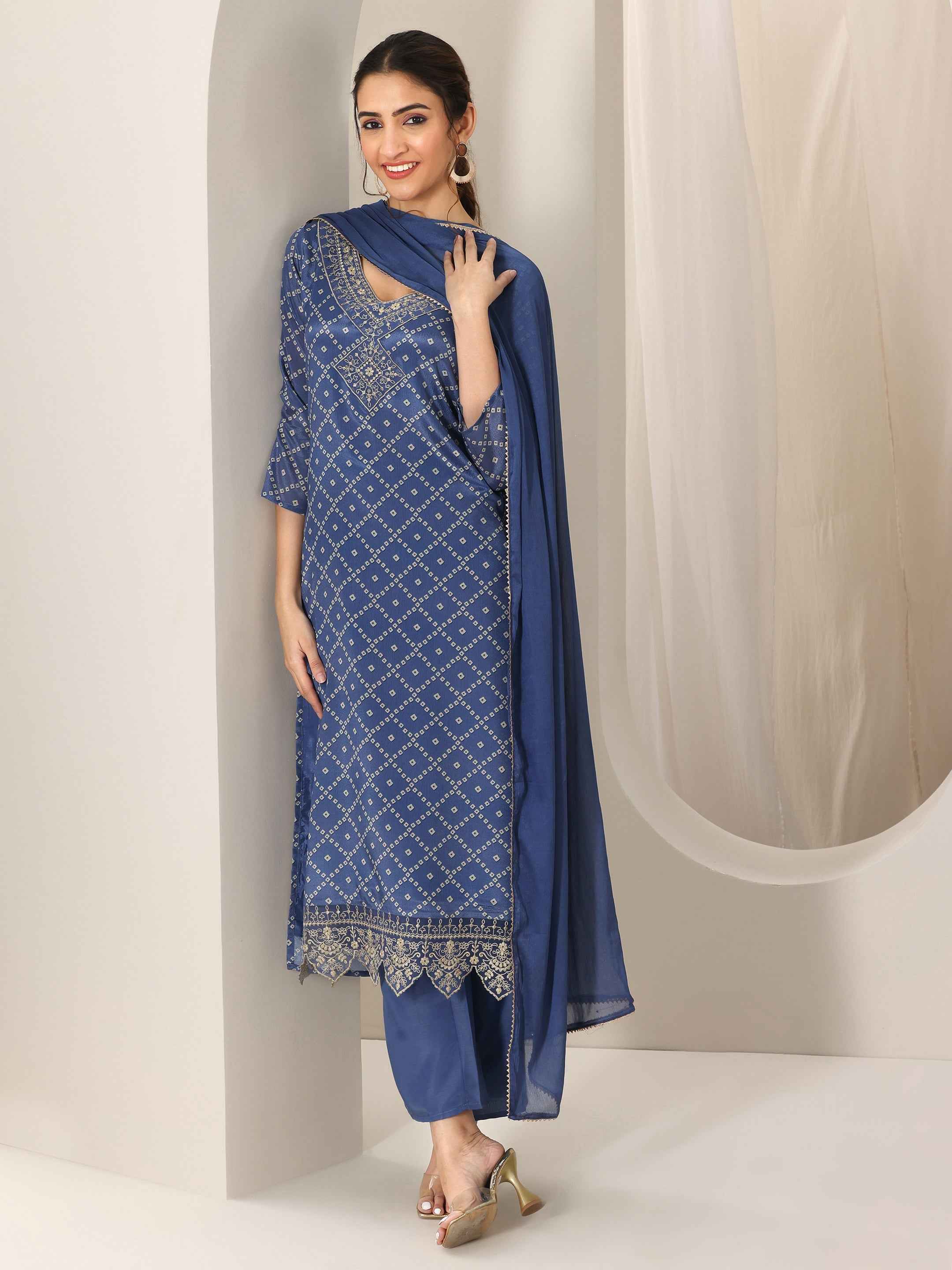 Blue Printed Silk Blend Straight Suit Set With Dupatta