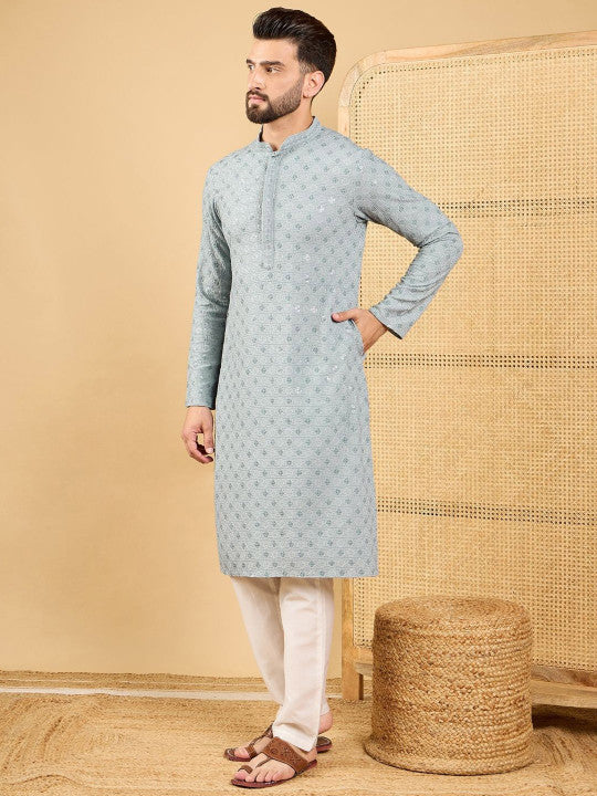 House of Pataudi Men Embroidered Straight Kurta & Trousers