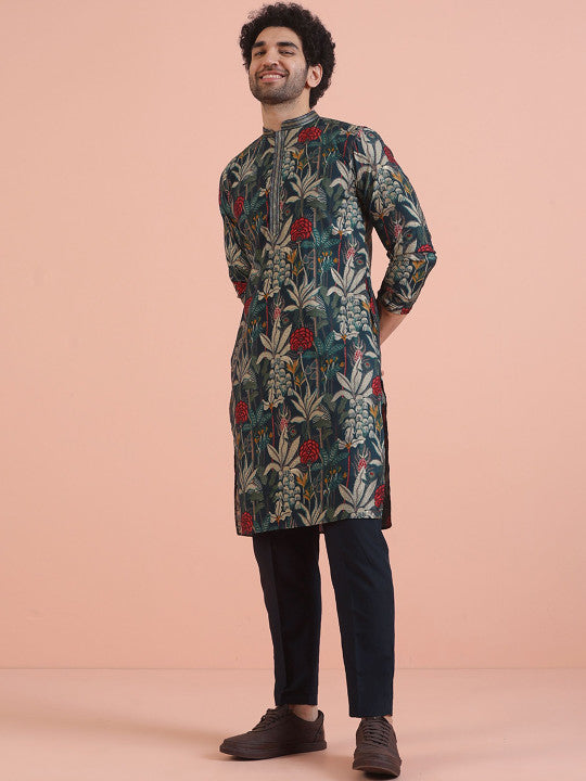 KISAH Men Floral Printed Regular Kurta with Trousers