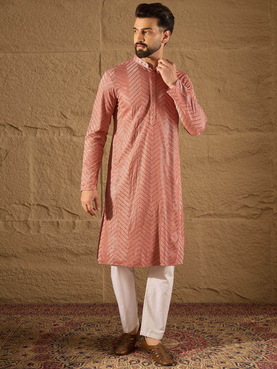 House of Pataudi Chevron Embroidered Mandarin Collar Straight Kurta With Trousers