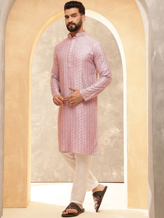 SOJANYA Ethnic Motifs Embroidered Mandarin Collar Sequinned Straight Kurta With Pyjamas