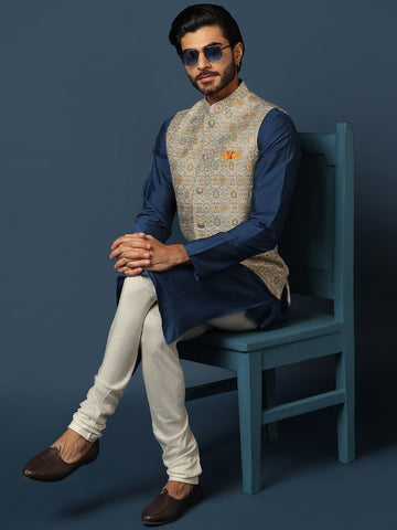 KISAH Mandarin Collar Kurta with Churidar & Printed Nehru Jacket
