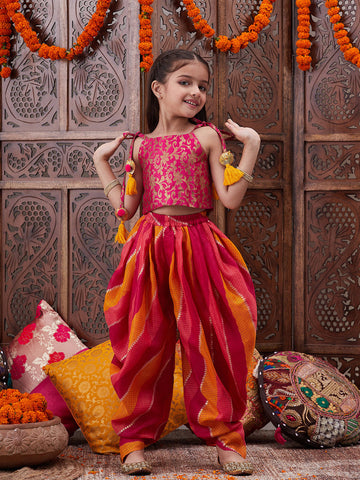 Pspeaches Girls Floral Printed Shoulder Straps Top With Dhoti Pants (DH-MAGENTABROCADE)